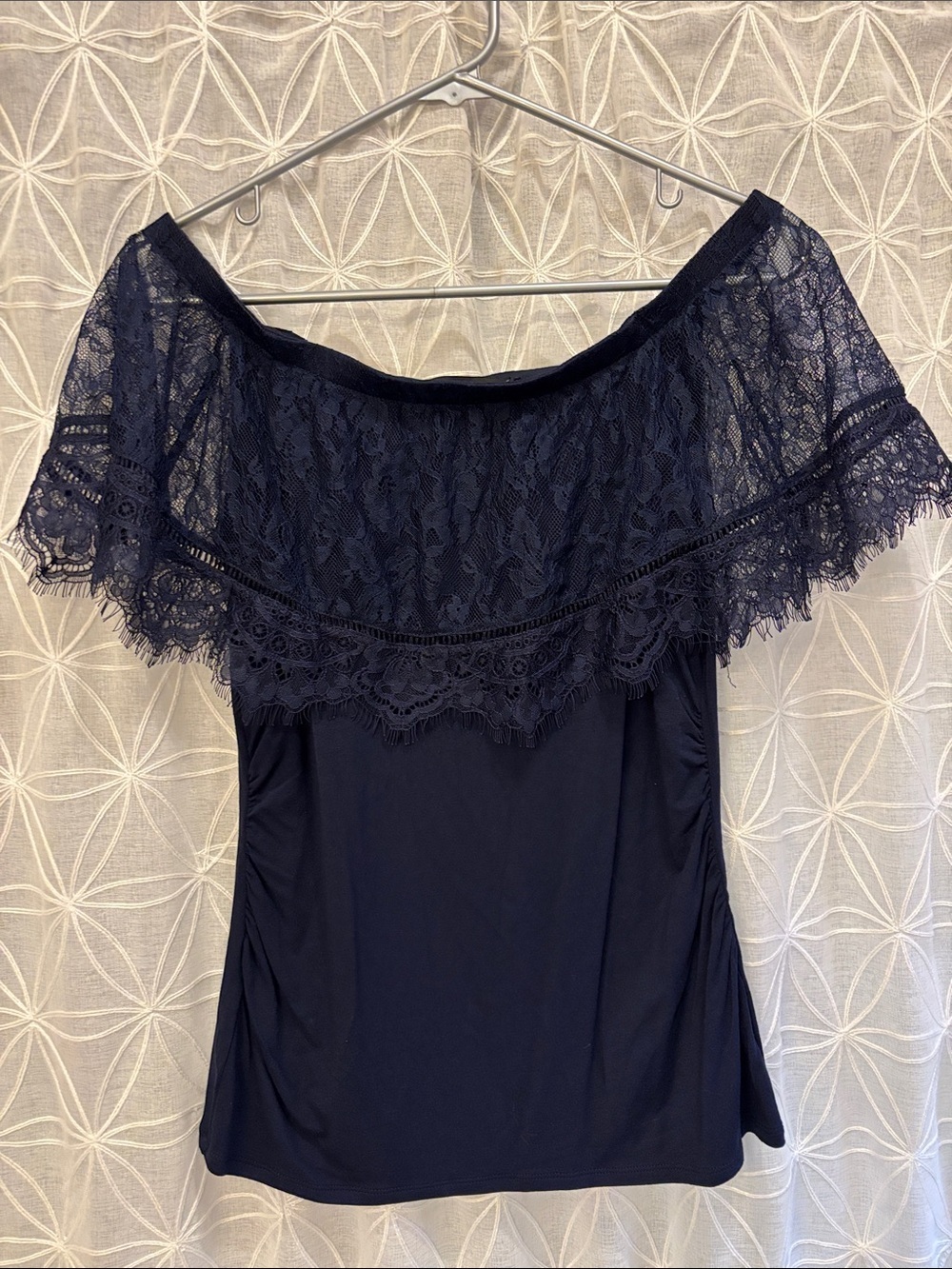 White House Black Market Navy Lace Off-Shoulder Top